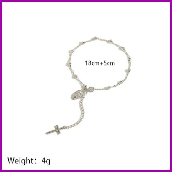 Vintage Bead Rosary Bracelet with Cross Pendant, Adjustable Lobster Clasp - Picture 3 of 8